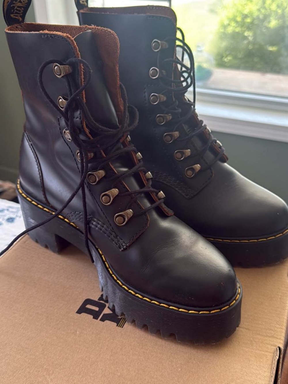 Dr. Martens Black Platform Lace-Up Combat Boots with Yellow Stitching